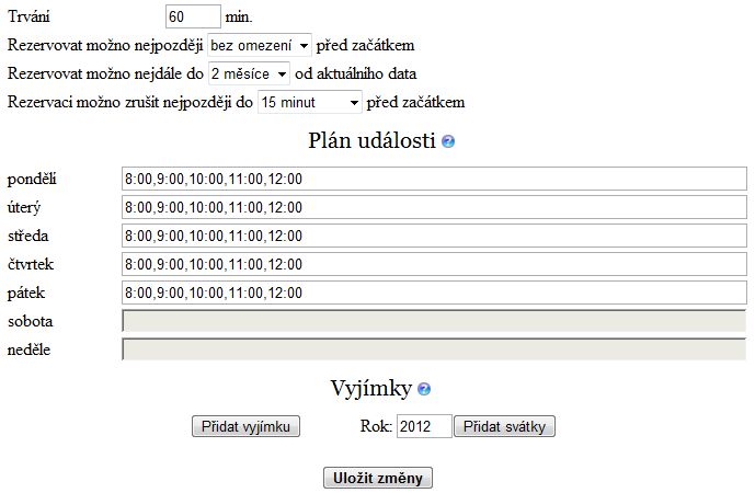Administrace stránek - rezervační časy Administrace stránek - rezervační časy