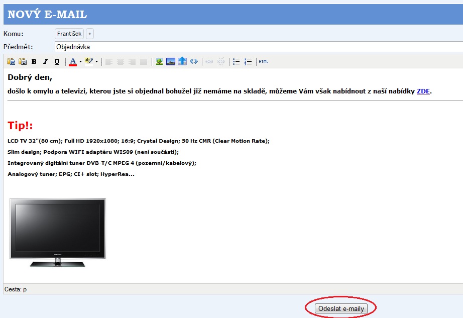 Administrace eshopu - Odeslat email zakaznikovi