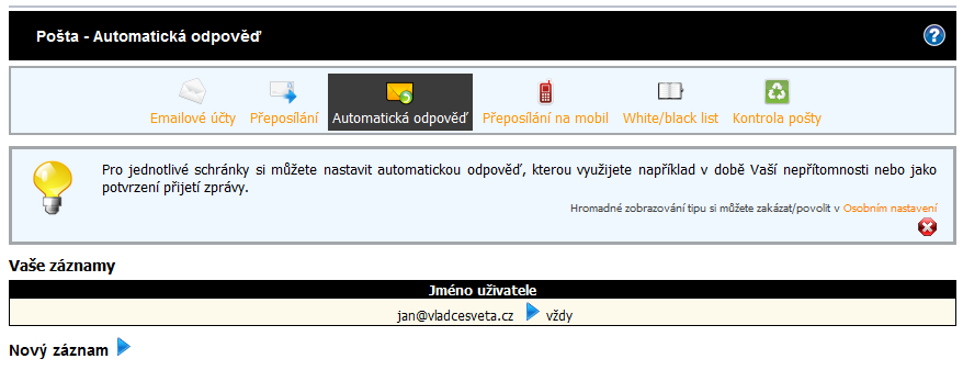 Administrace webhostingu - automatické odpovědi