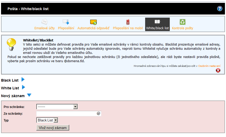 Administrace webhostingu - bílá a černá listina
