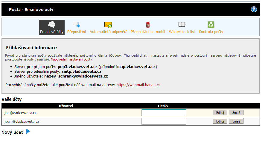 Administrace webhostingu - emailové účty