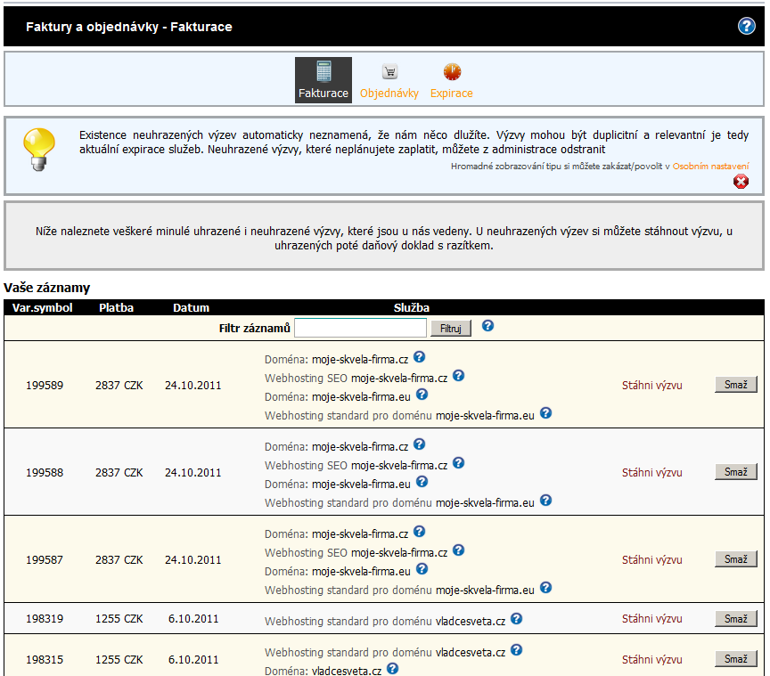 Administrace webhostingu - Fakturace Administrace webhostingu - Fakturace