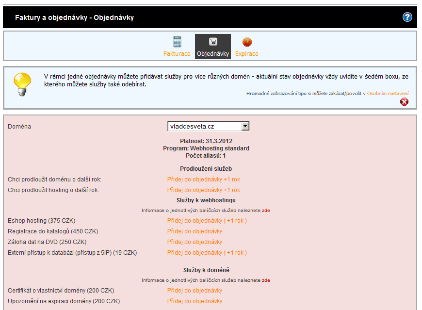 Administrace webhostingu - Objednávky Administrace webhostingu - Objednávky