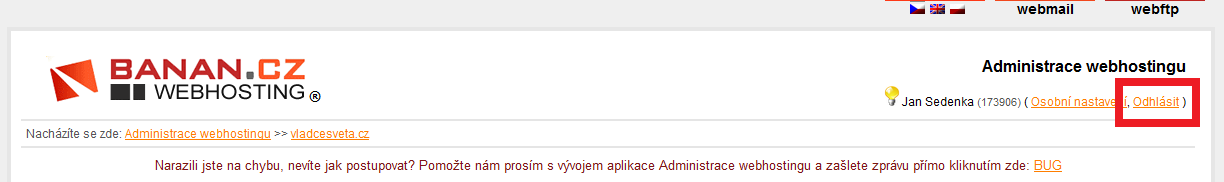 Administrace webhostingu - odhlášení Administrace webhostingu - odhlášení