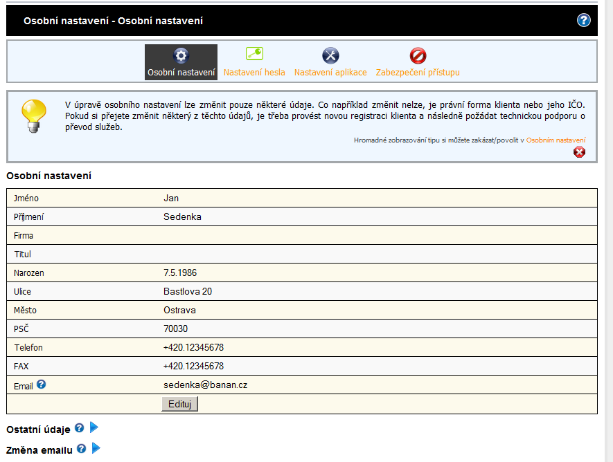 Administrace webhostingu - osobní nastavení Administrace webhostingu - osobní nastavení