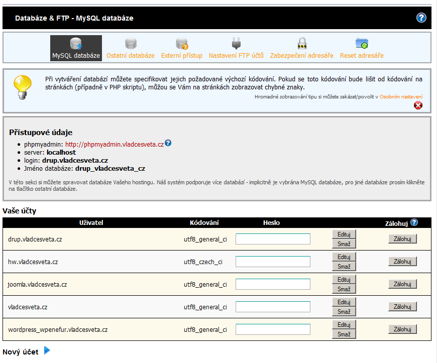 Administrace webhostingu - MySql databáze