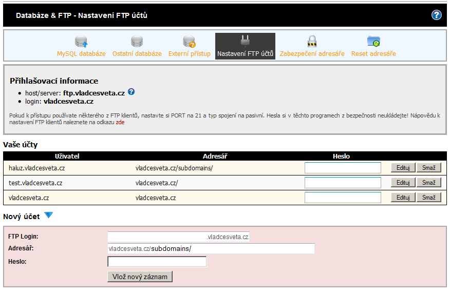 Administrace webhostingu - nastavení FTP účtu