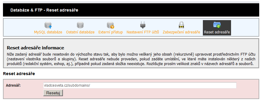 Administrace webhostingu - reset adresáře