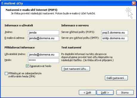 Outlook - vyplnění nastavení nového účtu
