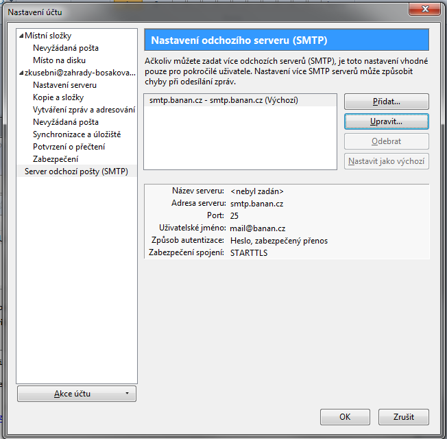 Thunderbird - nastavení odchozího serveru