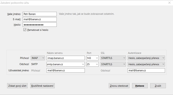 Thunderbird - zadávání informací pro založení poštovního účtu