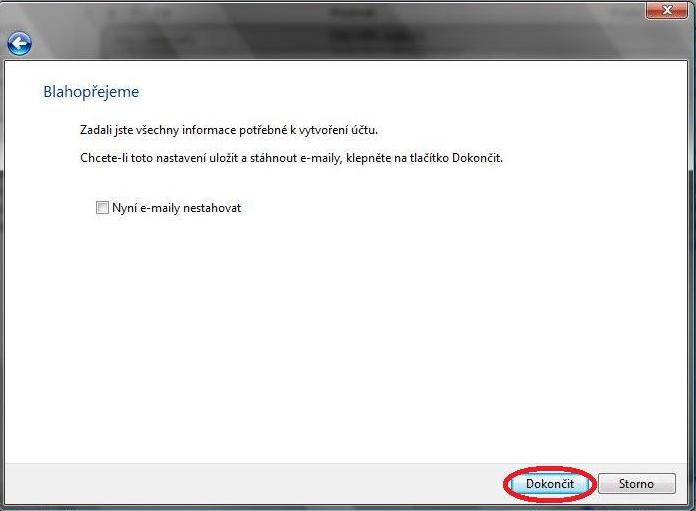 Vistamail - dokončení vytvoření emailového účtu