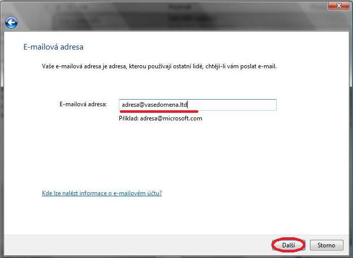 Vistamail - zadání emailové adresy