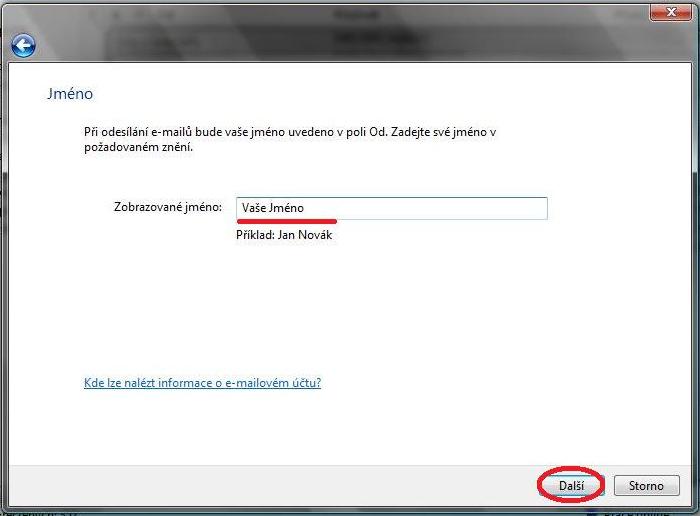 Vistamail - zadání jména