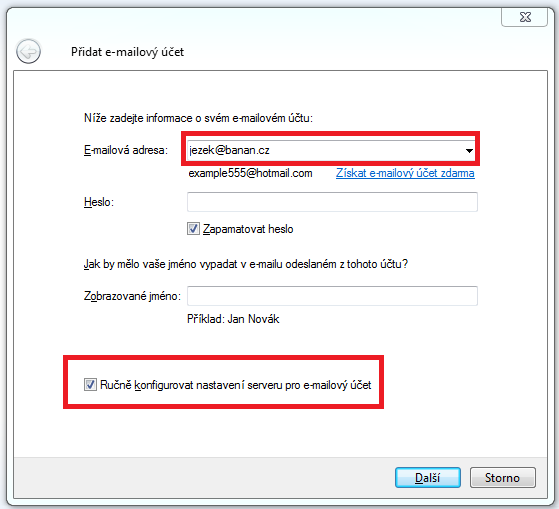 Wmail - přidání nového emailového účtu