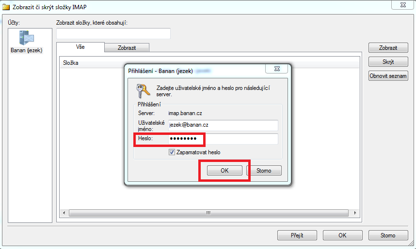 Wmail - zadání hesla při přihlášení do účtu